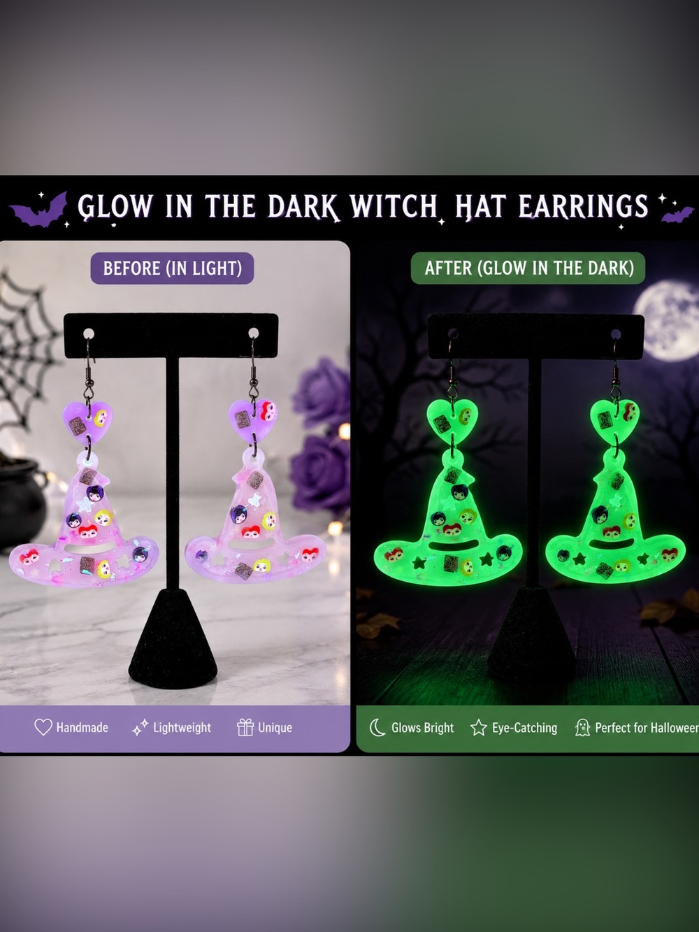 Hocus Pocus Inspired Glow-in-the-Dark Witch Hat Earrings — Purple